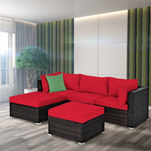 Load image into Gallery viewer, Gymax 5PCS Rattan Patio Conversation Set Outdoor Furniture Set w/ Ottoman Red Cushion