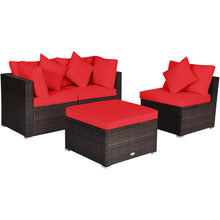 Load image into Gallery viewer, Gymax 4PCS Rattan Patio Conversation Furniture Set Yard Outdoor w/ Red Cushion