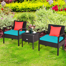 Load image into Gallery viewer, Gymax 3PCS Rattan Patio Conversation Furniture Set w/ Storage Table Turquoise Cushion