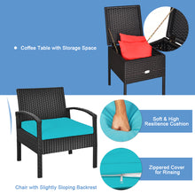 Load image into Gallery viewer, Gymax 3PCS Rattan Patio Conversation Furniture Set w/ Storage Table Turquoise Cushion