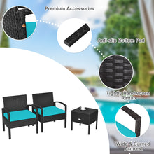 Load image into Gallery viewer, Gymax 3PCS Rattan Patio Conversation Furniture Set w/ Storage Table Turquoise Cushion