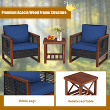 Load image into Gallery viewer, Gymax 3PCS Rattan Wicker Patio Conversation Set Outdoor Furniture Set w/ Navy Cushion