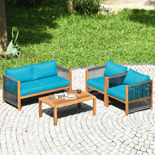 Load image into Gallery viewer, Gymax 4PCS Acacia Wood Outdoor Patio Furniture Conversation Set W/ Turquoise Cushions