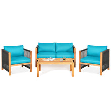 Load image into Gallery viewer, Gymax 4PCS Acacia Wood Outdoor Patio Furniture Conversation Set W/ Turquoise Cushions