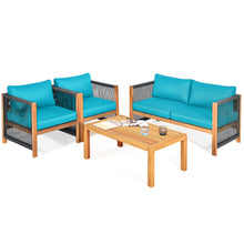 Load image into Gallery viewer, Gymax 4PCS Acacia Wood Outdoor Patio Furniture Conversation Set W/ Turquoise Cushions