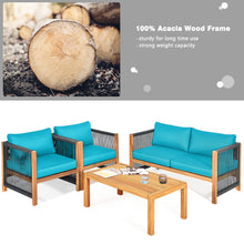 Load image into Gallery viewer, Gymax 4PCS Acacia Wood Outdoor Patio Furniture Conversation Set W/ Turquoise Cushions