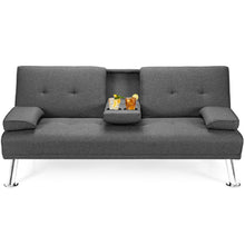 Load image into Gallery viewer, Gymax Convertible Folding Futon Sofa Bed Fabric w/2 Cup Holders Dark/Light Gray