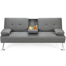 Load image into Gallery viewer, Gymax Convertible Folding Futon Sofa Bed Fabric w/2 Cup Holders Dark/Light Gray