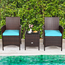 Load image into Gallery viewer, Gymax 3PCS Outdoor Rattan Conversation Set Patio Furniture Set w/ Blue Cushions