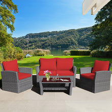 Load image into Gallery viewer, Gymax 4PCS Patio Rattan Conversation Set Outdoor Furniture Set w/ Red Cushions