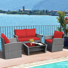 Load image into Gallery viewer, Gymax 4PCS Patio Rattan Conversation Set Outdoor Furniture Set w/ Red Cushions