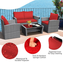 Load image into Gallery viewer, Gymax 4PCS Patio Rattan Conversation Set Outdoor Furniture Set w/ Red Cushions