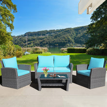 Load image into Gallery viewer, Gymax 4PCS Patio Rattan Conversation Set Outdoor Furniture Set w/ Turquoise Cushions