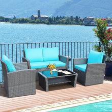 Load image into Gallery viewer, Gymax 4PCS Patio Rattan Conversation Set Outdoor Furniture Set w/ Turquoise Cushions
