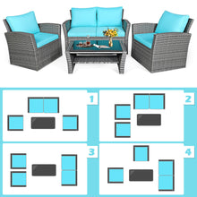 Load image into Gallery viewer, Gymax 4PCS Patio Rattan Conversation Set Outdoor Furniture Set w/ Turquoise Cushions