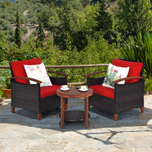 Load image into Gallery viewer, Gymax 3PCS Patio Wicker Rattan Conversation Set Outdoor Furniture Set w/ Red Cushion
