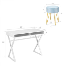 Load image into Gallery viewer, Gymax Vanity Table Set Writing Desk Makeup Table w/Round Velvet Ottoman Blue