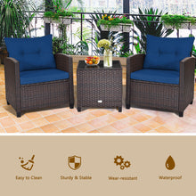 Load image into Gallery viewer, Gymax 3PCS Outdoor Patio Rattan Conversation Set Garden Yard w/ Navy Cushions