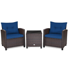 Load image into Gallery viewer, Gymax 3PCS Outdoor Patio Rattan Conversation Set Garden Yard w/ Navy Cushions