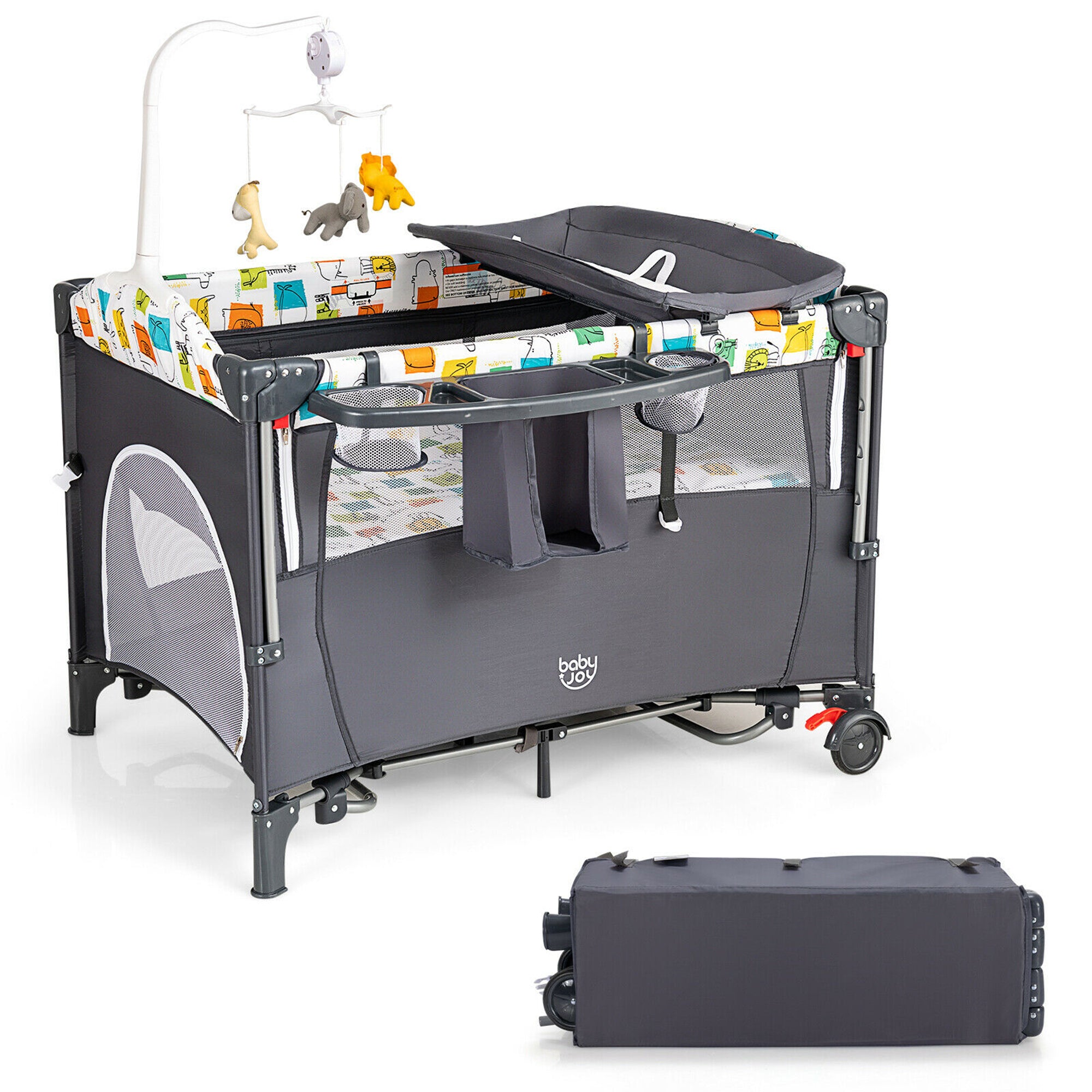 Gymax 5 in 1 Baby Nursery Center Foldable Toddler Bedside Crib w/Music