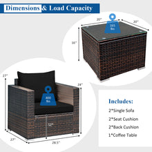 Load image into Gallery viewer, Gymax 3PCS Rattan Patio Outdoor Conversation Furniture Set w/ Black Cushions