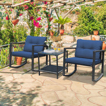 Load image into Gallery viewer, Gymax 3PCS Rattan Rocking Chair Table Set Patio Furniture Set w/ Navy Cushions