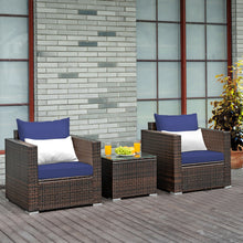 Load image into Gallery viewer, Gymax 3PCS Rattan Patio Outdoor Conversation Furniture Set w/ Navy Cushions