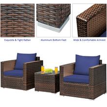 Load image into Gallery viewer, Gymax 3PCS Rattan Patio Outdoor Conversation Furniture Set w/ Navy Cushions