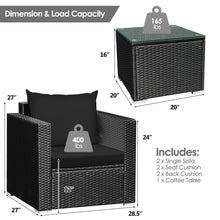 Load image into Gallery viewer, Gymax 3PCS Rattan Patio Conversation Furniture Set Outdoor w/ Black Cushions