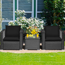 Load image into Gallery viewer, Gymax 3PCS Rattan Patio Conversation Furniture Set Outdoor w/ Black Cushions