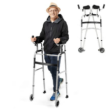 Load image into Gallery viewer, Gymax Folding Walker Adjustable Walking Frame Aluminum Walking Aid w/ Wheels