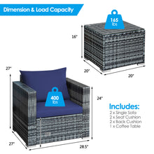 Load image into Gallery viewer, Gymax 3PCS Rattan Patio Conversation Furniture Set Outdoor Yard w/ Navy Cushion