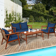 Load image into Gallery viewer, Gymax 4PCS Patio Conversation Set Wood Frame Furniture Set w/ Navy Cushions
