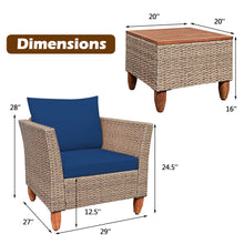 Load image into Gallery viewer, Gymax 3PCS Rattan Patio Conversation Furniture Set w Wooden Feet Navy Cushions
