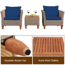 Load image into Gallery viewer, Gymax 3PCS Rattan Patio Conversation Furniture Set w Wooden Feet Navy Cushions