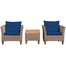 Load image into Gallery viewer, Gymax 3PCS Rattan Patio Conversation Furniture Set w Wooden Feet Navy Cushions