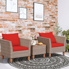Load image into Gallery viewer, Gymax 3PCS Rattan Patio Conversation Furniture Set w Wooden Feet Red Cushions