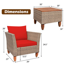 Load image into Gallery viewer, Gymax 3PCS Rattan Patio Conversation Furniture Set w Wooden Feet Red Cushions