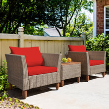 Load image into Gallery viewer, Gymax 3PCS Rattan Patio Conversation Furniture Set w Wooden Feet Red Cushions