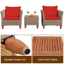 Load image into Gallery viewer, Gymax 3PCS Rattan Patio Conversation Furniture Set w Wooden Feet Red Cushions