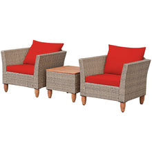 Load image into Gallery viewer, Gymax 3PCS Rattan Patio Conversation Furniture Set w Wooden Feet Red Cushions