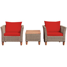 Load image into Gallery viewer, Gymax 3PCS Rattan Patio Conversation Furniture Set w Wooden Feet Red Cushions