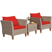 Load image into Gallery viewer, Gymax 3PCS Rattan Patio Conversation Furniture Set w Wooden Feet Red Cushions