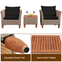 Load image into Gallery viewer, Gymax 3PCS Rattan Patio Conversation Furniture Set w Wooden Feet Black Cushions