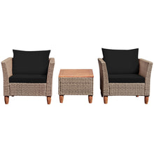 Load image into Gallery viewer, Gymax 3PCS Rattan Patio Conversation Furniture Set w Wooden Feet Black Cushions