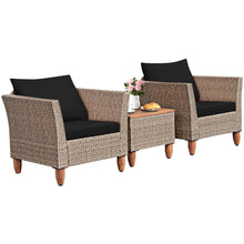 Load image into Gallery viewer, Gymax 3PCS Rattan Patio Conversation Furniture Set w Wooden Feet Black Cushions