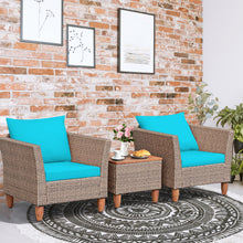 Load image into Gallery viewer, Gymax 3PCS Rattan Patio Conversation Furniture Set w Wooden Feet Turquoise Cushions