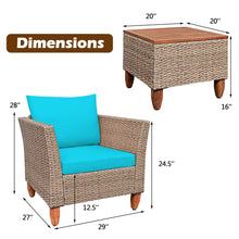 Load image into Gallery viewer, Gymax 3PCS Rattan Patio Conversation Furniture Set w Wooden Feet Turquoise Cushions