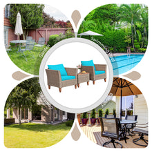Load image into Gallery viewer, Gymax 3PCS Rattan Patio Conversation Furniture Set w Wooden Feet Turquoise Cushions