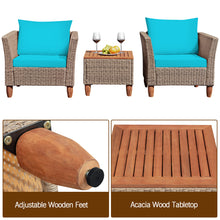 Load image into Gallery viewer, Gymax 3PCS Rattan Patio Conversation Furniture Set w Wooden Feet Turquoise Cushions